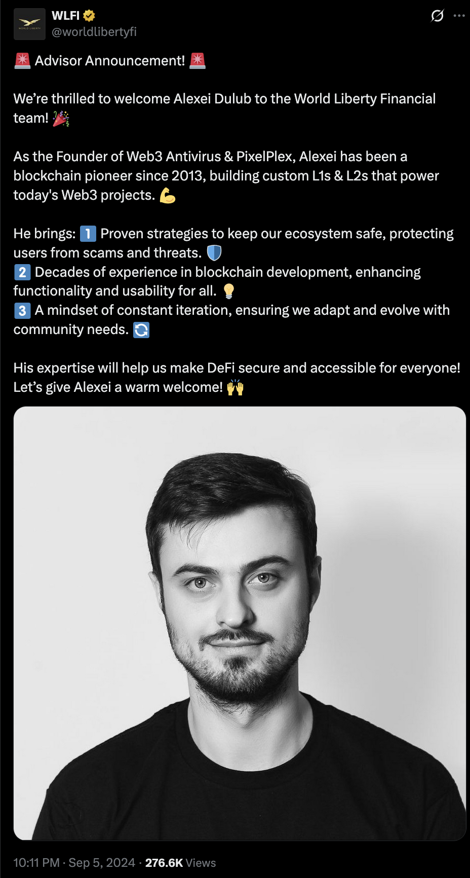 Screenshot of the WLFI advisor announcement for Alexei Dulub