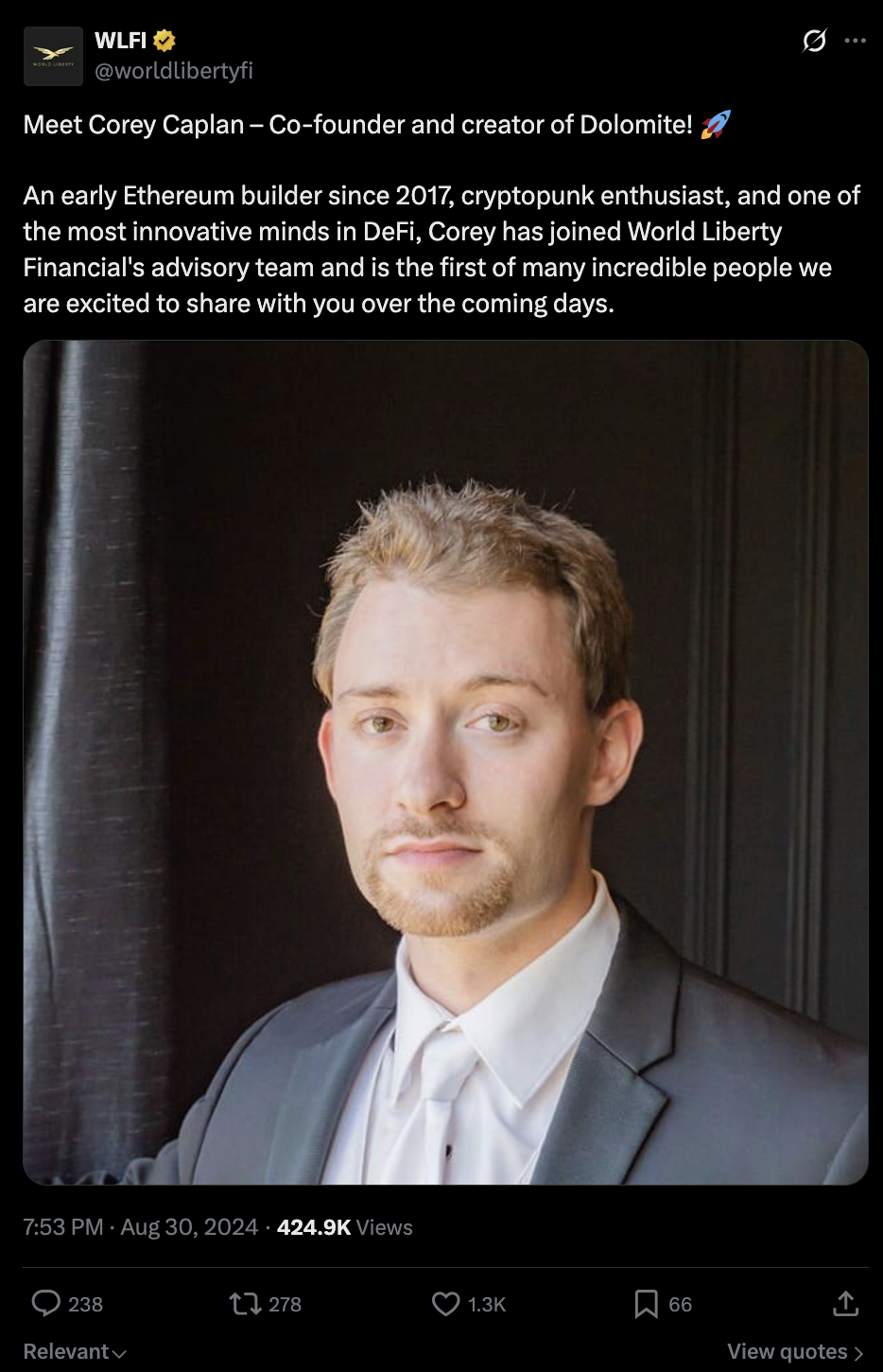 Screenshot of the WLFI advisor announcement for Corey Caplan