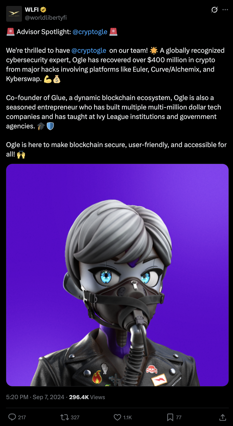 Screenshot of the WLFI advisor announcement for Ogle / CryptOgle