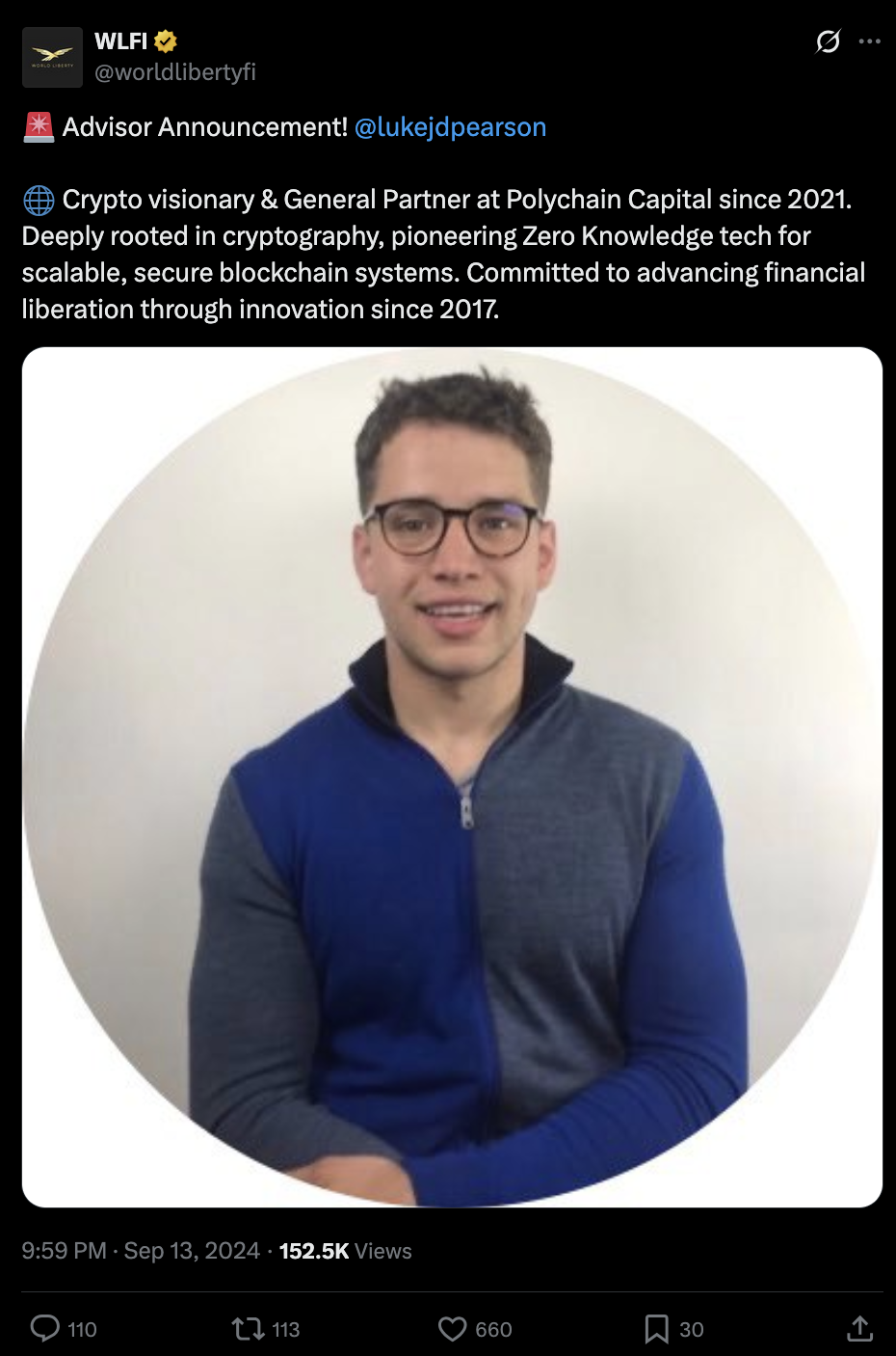 Screenshot of the WLFI advisor announcement for Luke Pearson