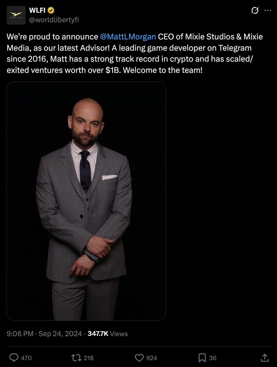 Screenshot of the WLFI advisor announcement for Matthew Lee Morgan