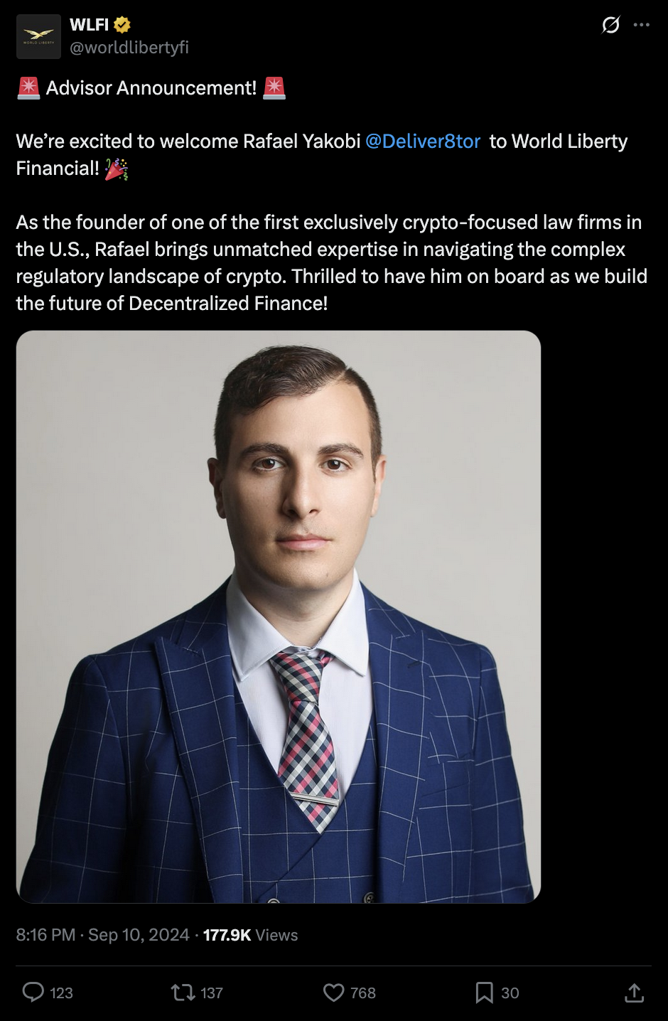 Screenshot of the WLFI advisor announcement for Rafael Yakobi