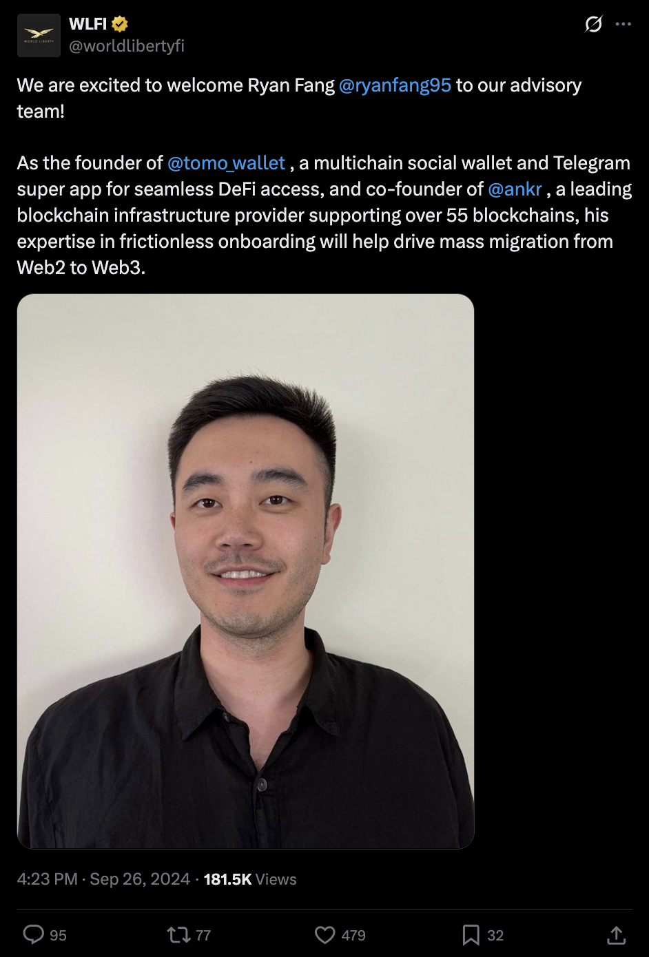 Screenshot of the WLFI advisor announcement for Ryan Fang