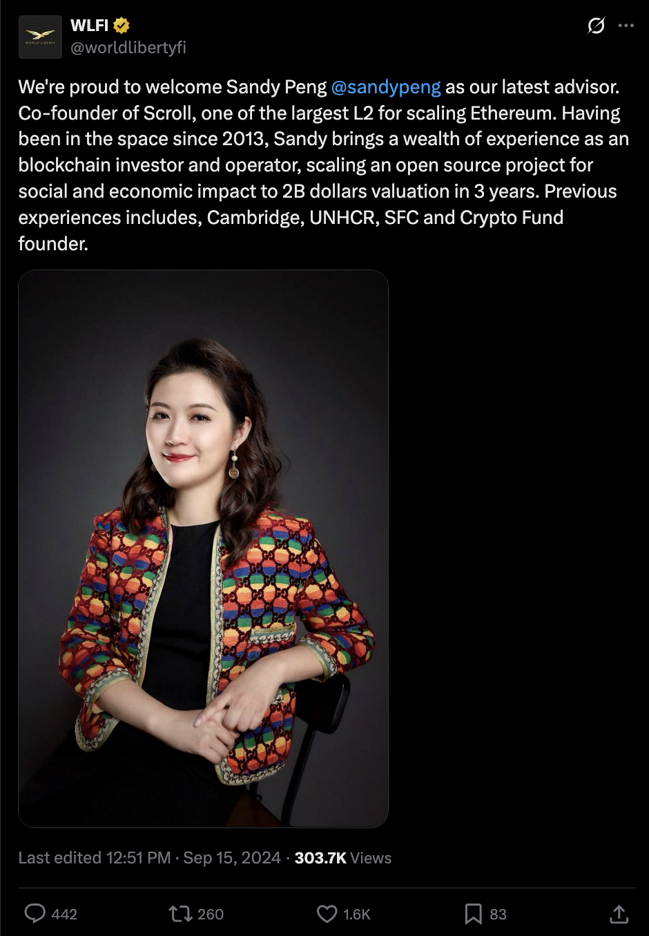 Screenshot of the WLFI advisor announcement for Sandy Peng